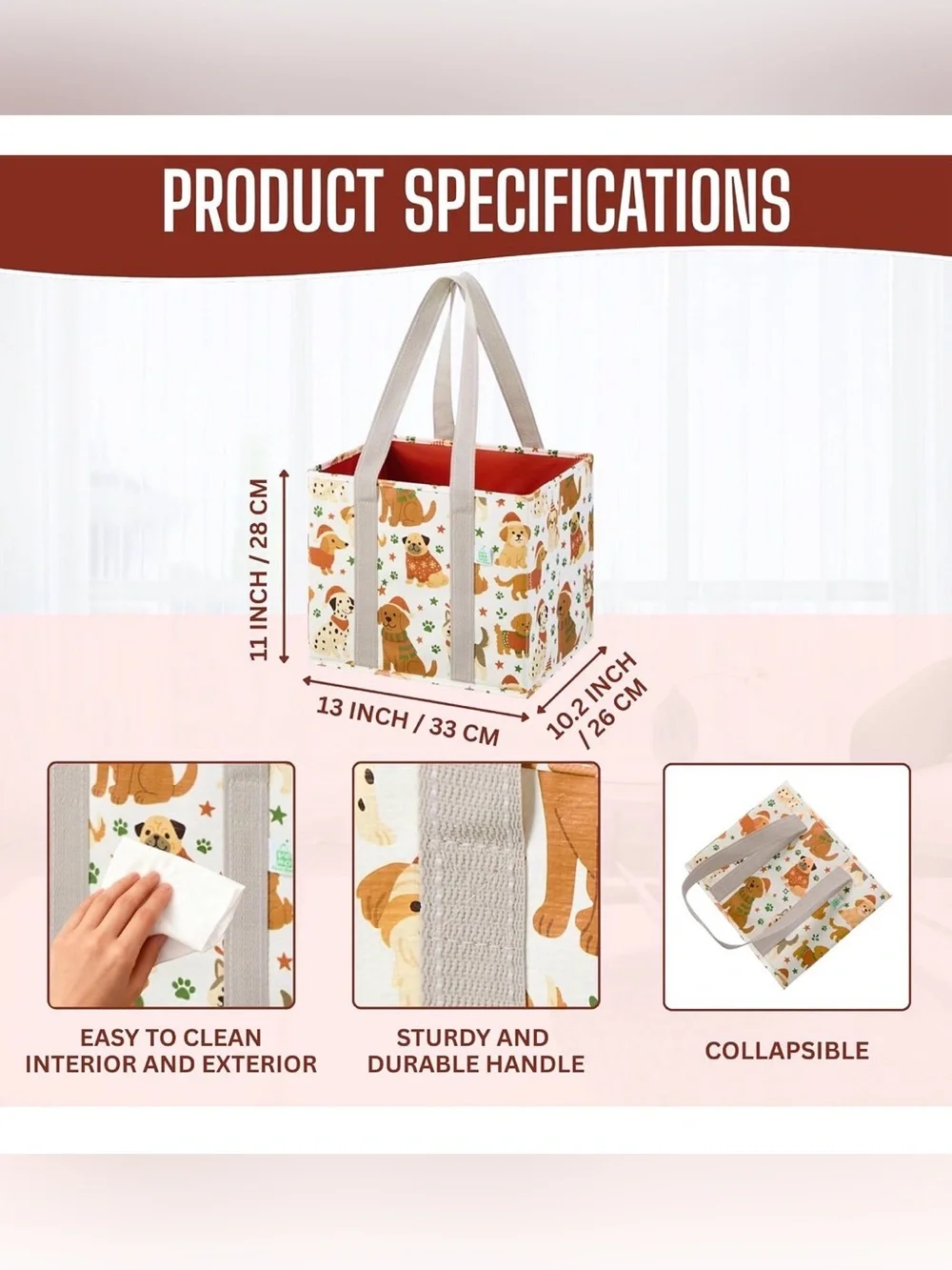 Reusable Dog-Print Utility Tote Bag - White with Tan Handles